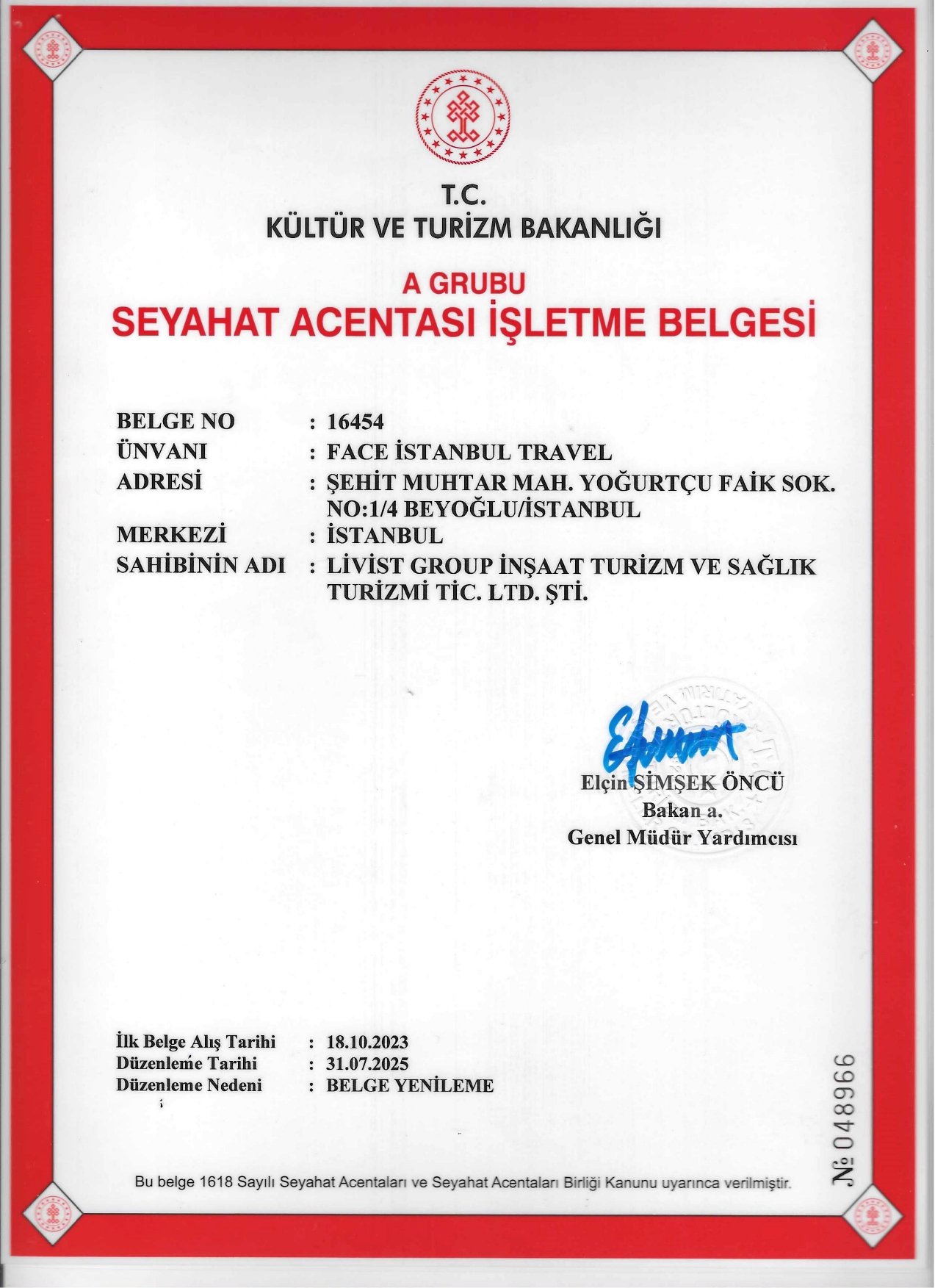 TÜRSAB A Grubu Seyahat Acentası İşletme Belgesi - Face Istanbul Travel - Belge No: 16454
